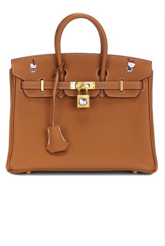 Sac a main Birkin marrons clair custom Hello Kitty